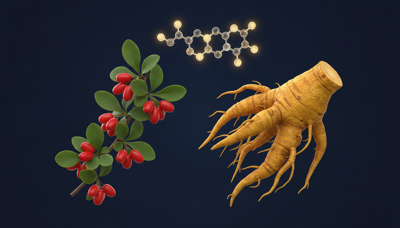 Barberry sprig and golden Coptis root, natural sources of berberine