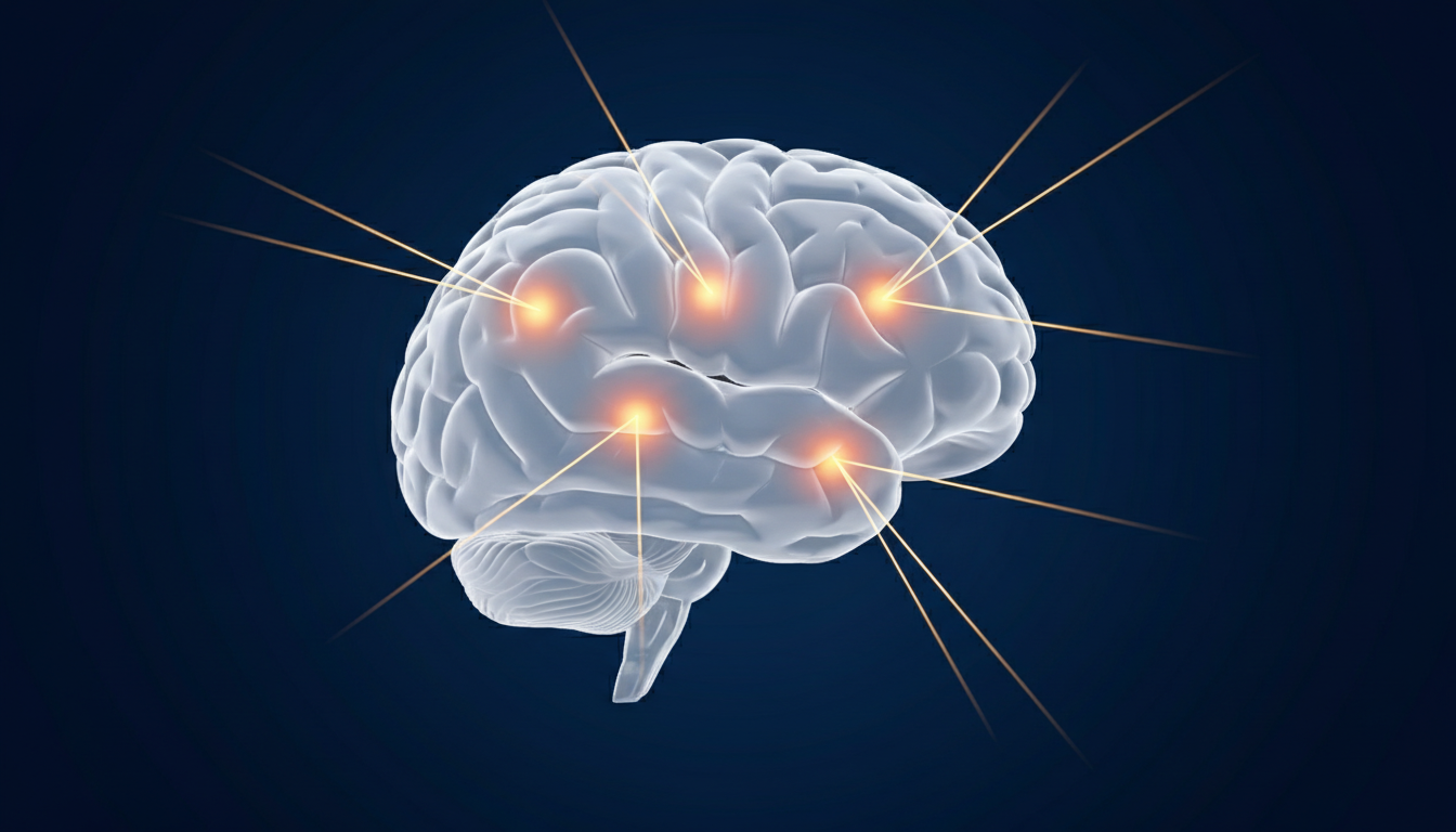 Illustration of a brain with three small spots targeted by precise converging beams of light