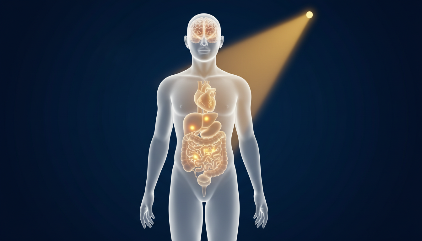 Illustration of a translucent figure with a few glowing spots being traced by a golden scanning light
