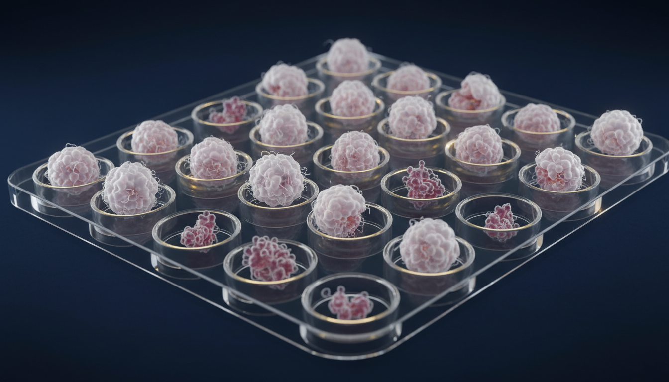 Illustration of a laboratory plate holding tiny 3D tumor organoids being tested against treatments