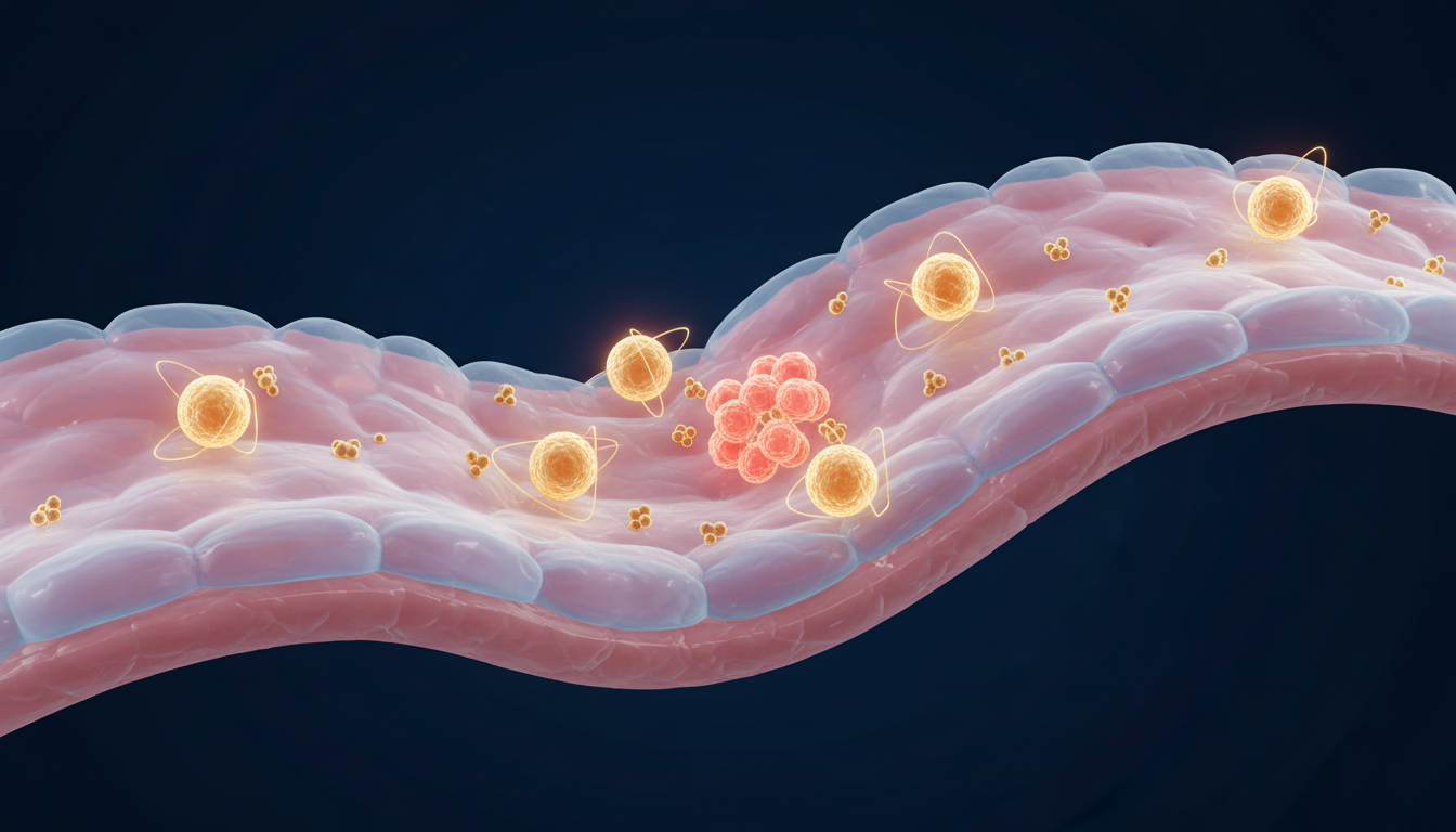 Illustration of immune cells and targeted molecules approaching abnormal cells on the colon lining
