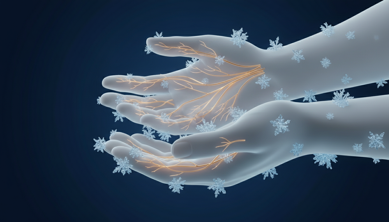 Illustration of translucent hands with protected nerve fibers in a soft cooling glow