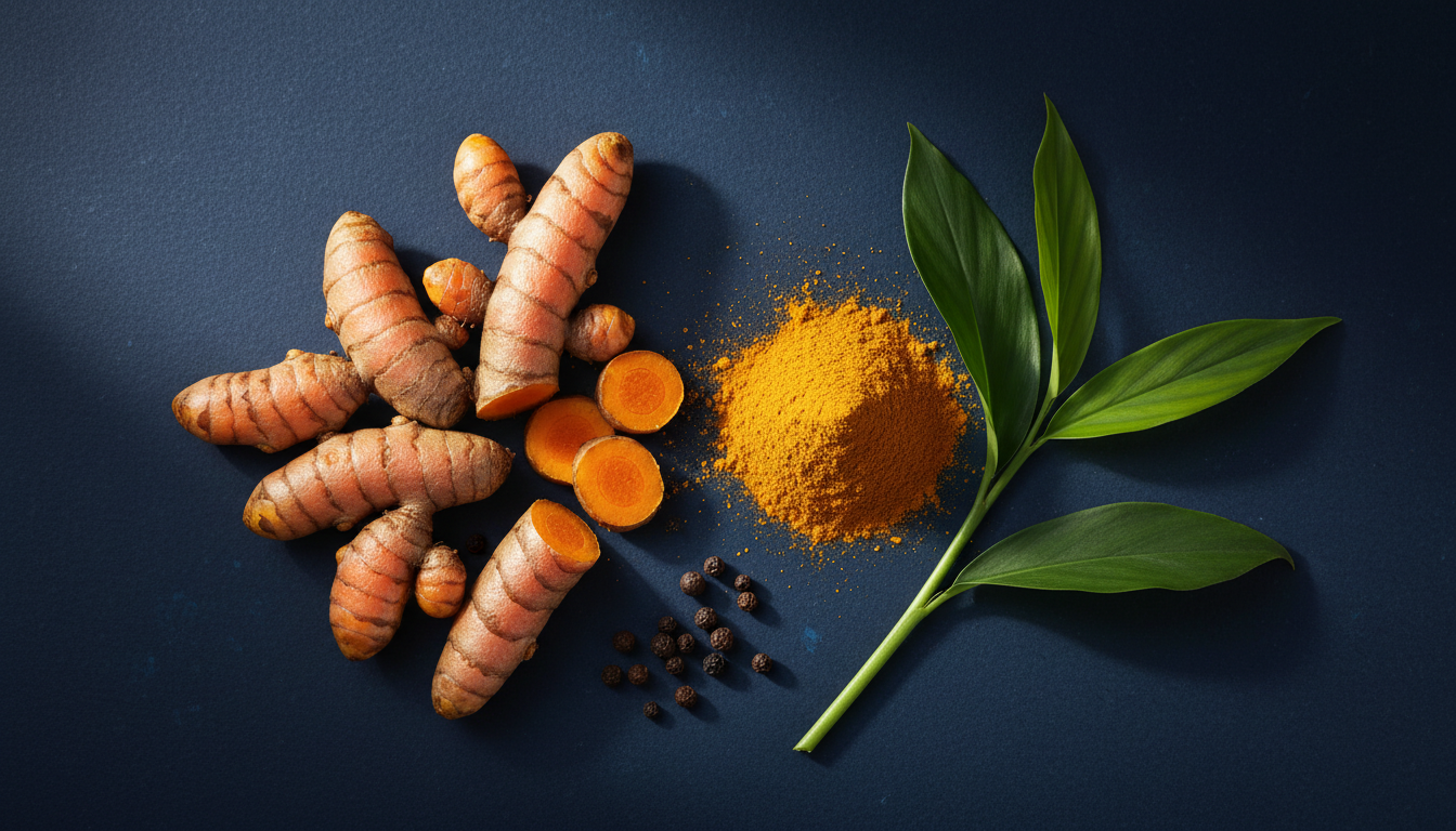 Fresh turmeric roots, golden turmeric powder and black peppercorns on a navy surface