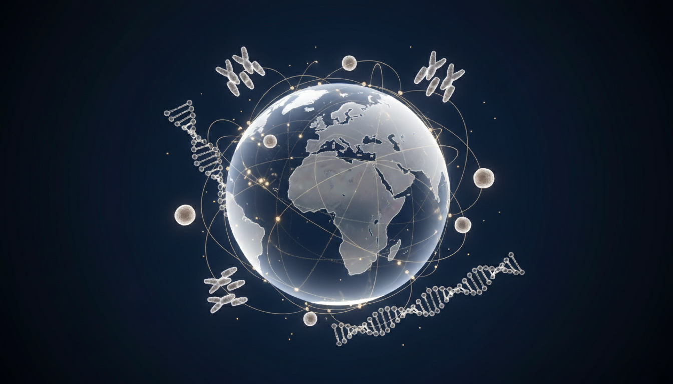 Illustration of a glowing globe surrounded by antibody molecules, DNA and cells representing international cancer research
