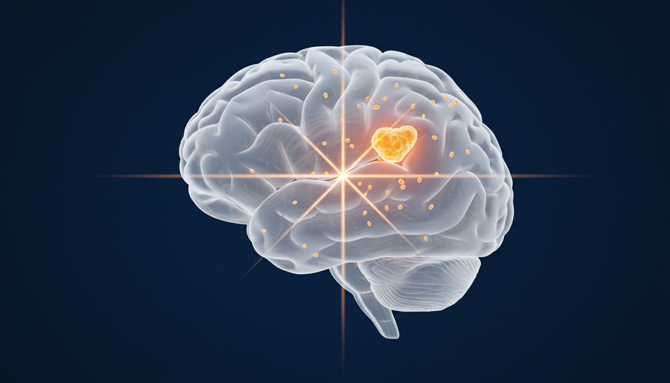 Illustration of focused beams and immune cells converging on a tumor in the brain