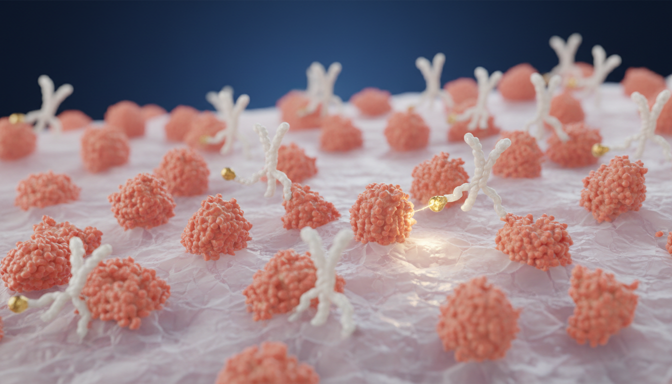 Illustration of antibodies binding HER2 receptors on the surface of a breast cancer cell