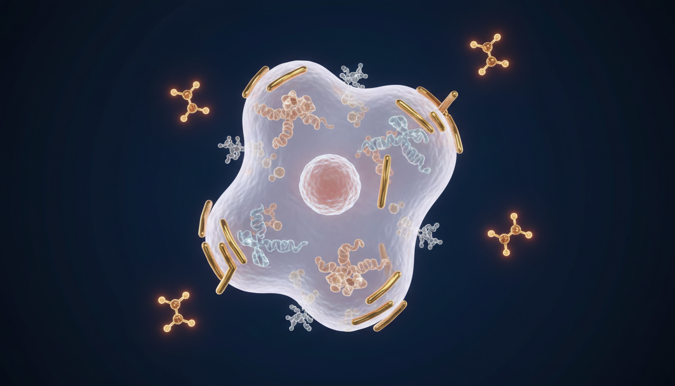 Illustration of drug molecules blocking estrogen receptors on a breast cancer cell