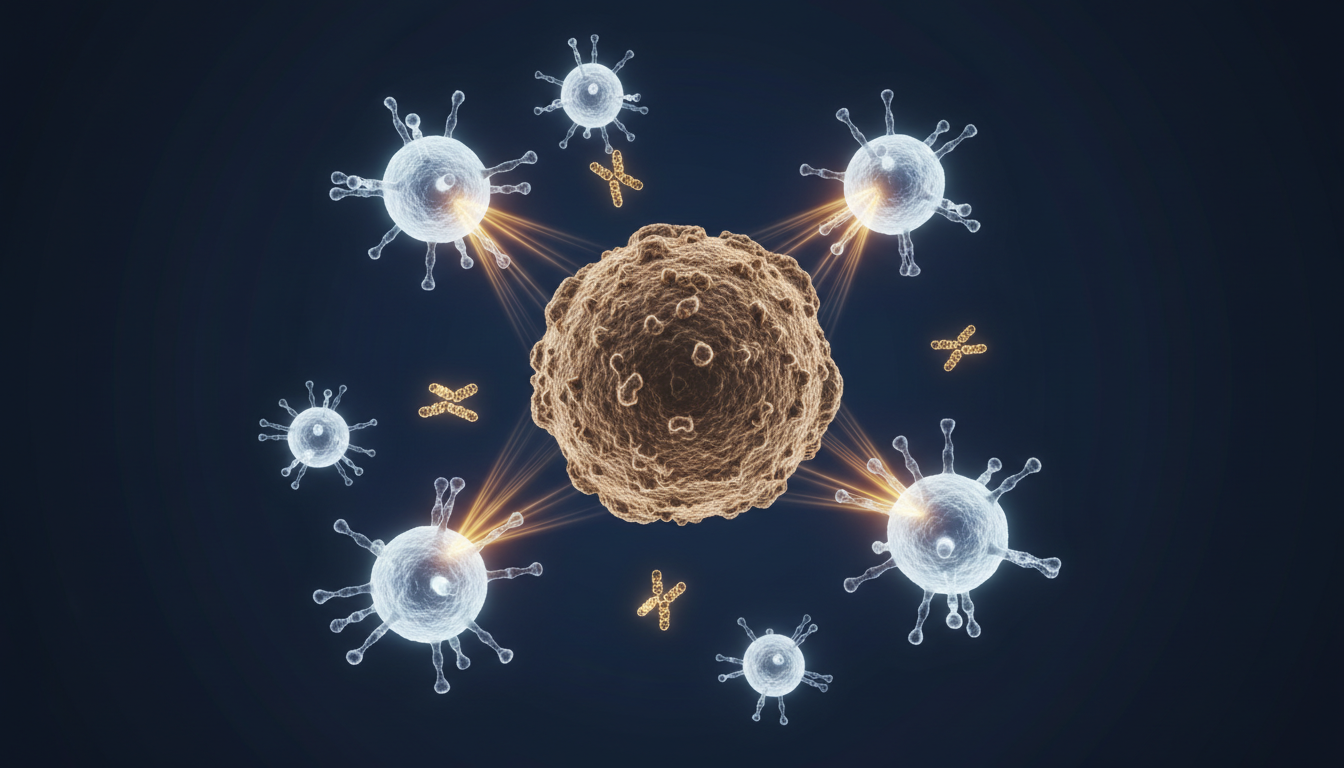 Illustration of immune T cells attacking a cancer cell