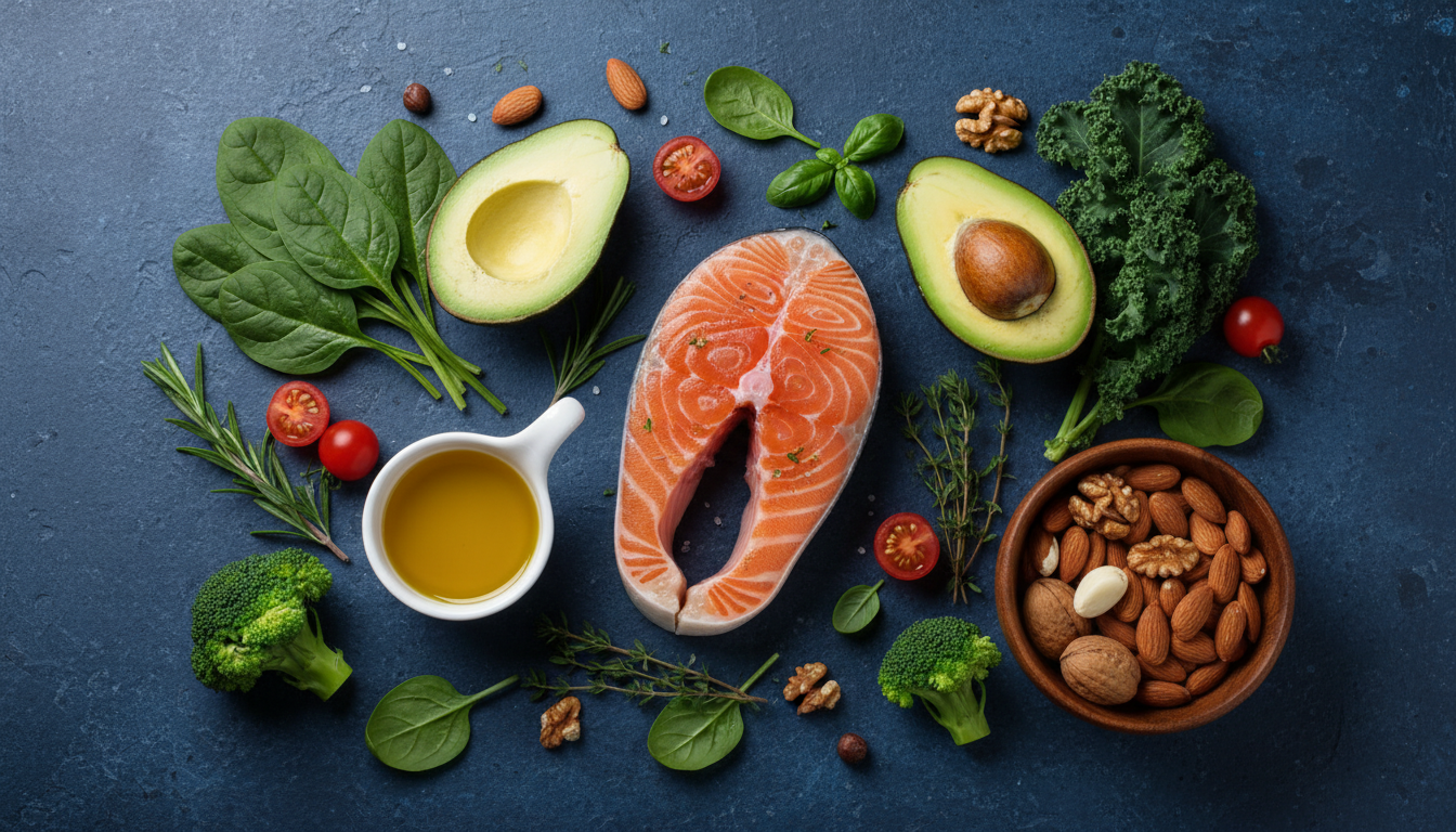 Overhead photo of plant-forward ketogenic foods: avocado, olive oil, leafy greens, nuts and salmon
