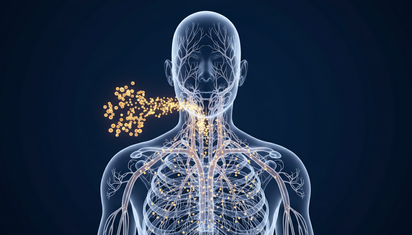 Illustration of the lymphatic network in the neck and chest with immune cells flowing through it