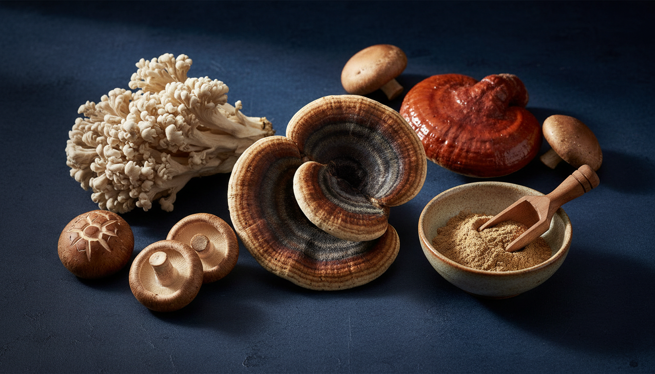 Turkey tail, reishi, shiitake and maitake mushrooms arranged on a navy surface
