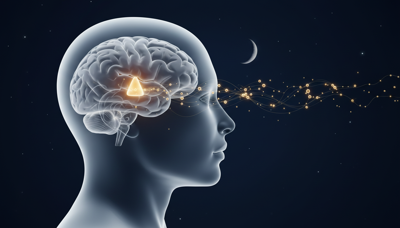Illustration of the pineal gland glowing in the brain with melatonin molecules and a crescent moon