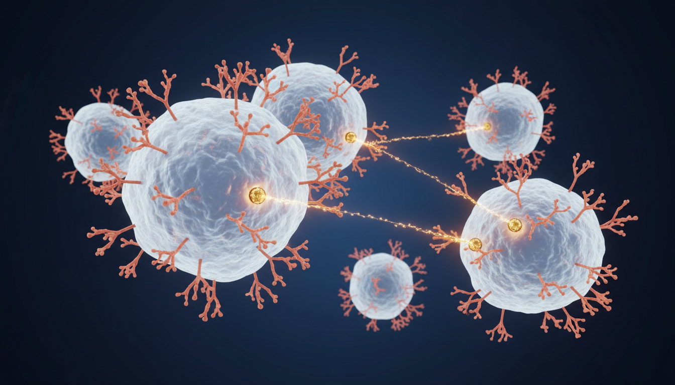 Illustration of targeting molecules binding to receptors on prostate cancer cells