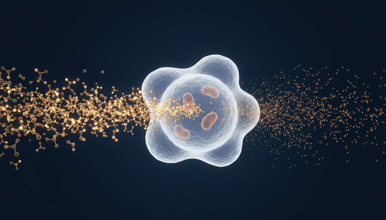 Illustration of a cancer cell taking in glucose and releasing lactate, the Warburg effect