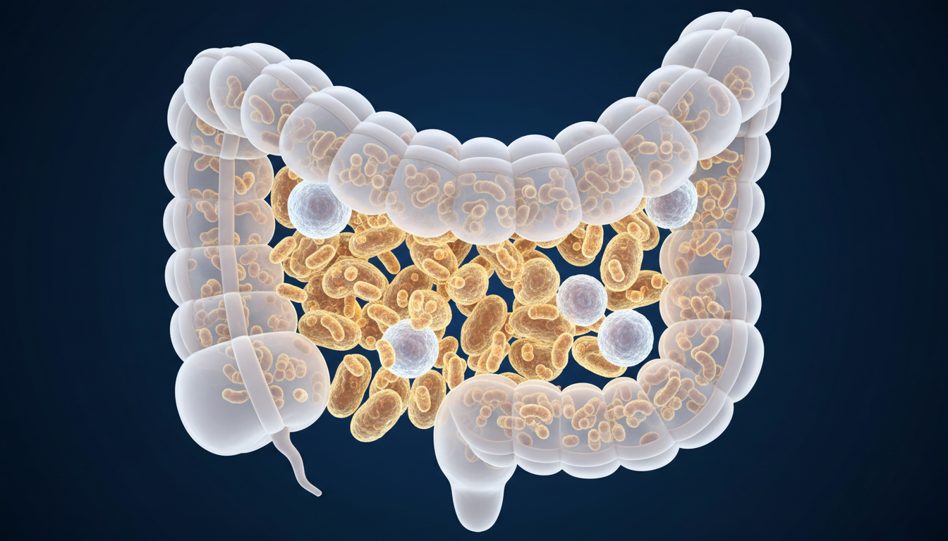 Illustration of the intestinal lining populated by glowing beneficial bacteria and immune cells