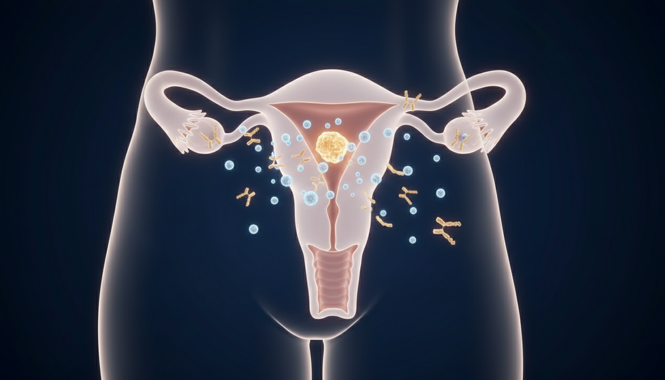 Illustration of immune cells reaching abnormal cells in the lining of the uterus